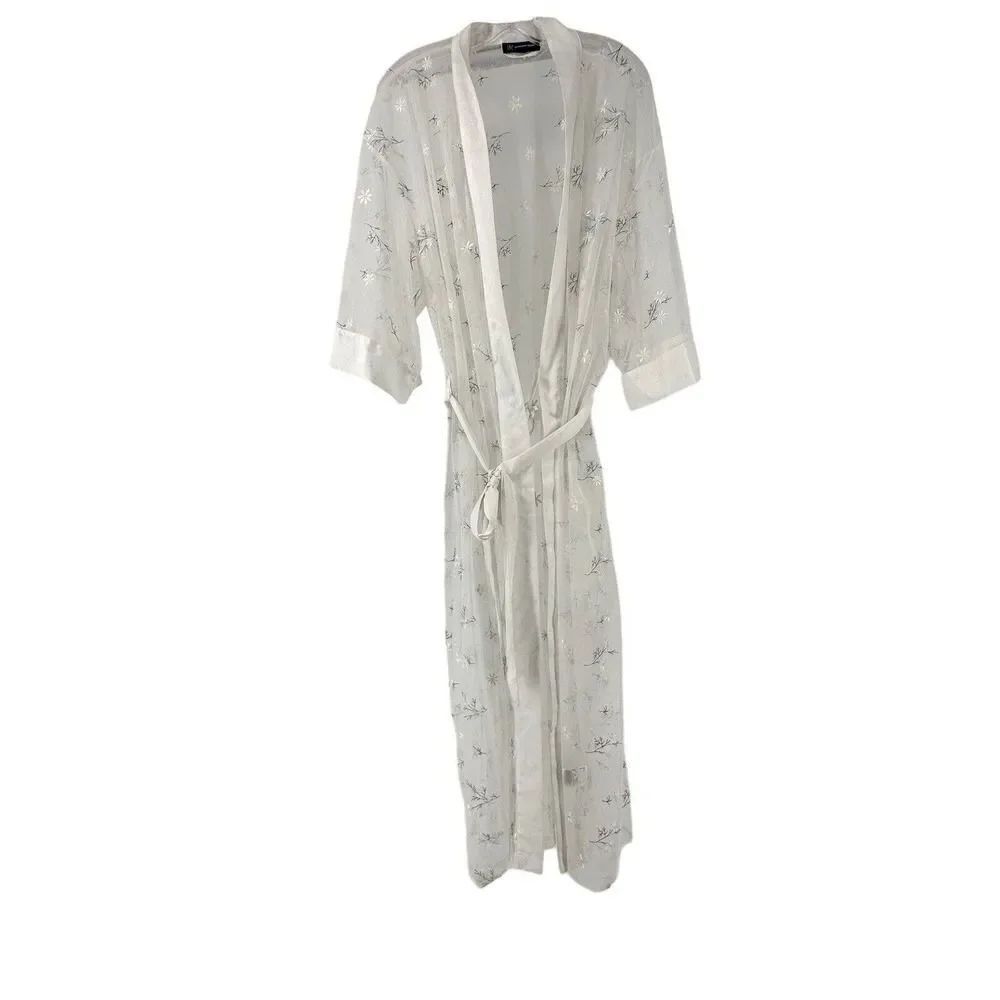INC Intimates Robe Womens Size XXL White Sheer Floral Embroidered Satin Trim